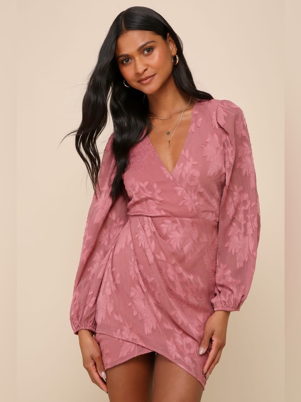NWT Lulus Meant to Shine Mauve Floral Jacquard Long Sleeve Mini Dress